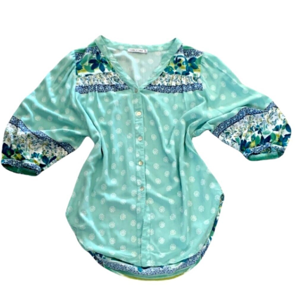 Figueroa & Flower Top‎ BOHO Floral Button Up V-Neck Sz PL #354G - Picture 2 of 7